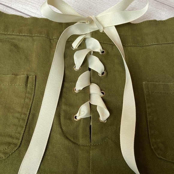 Khaki Green Fringed Hem Cutoff Jean Skirt with Grommets and Cream Ribbon Small - Picture 4 of 11